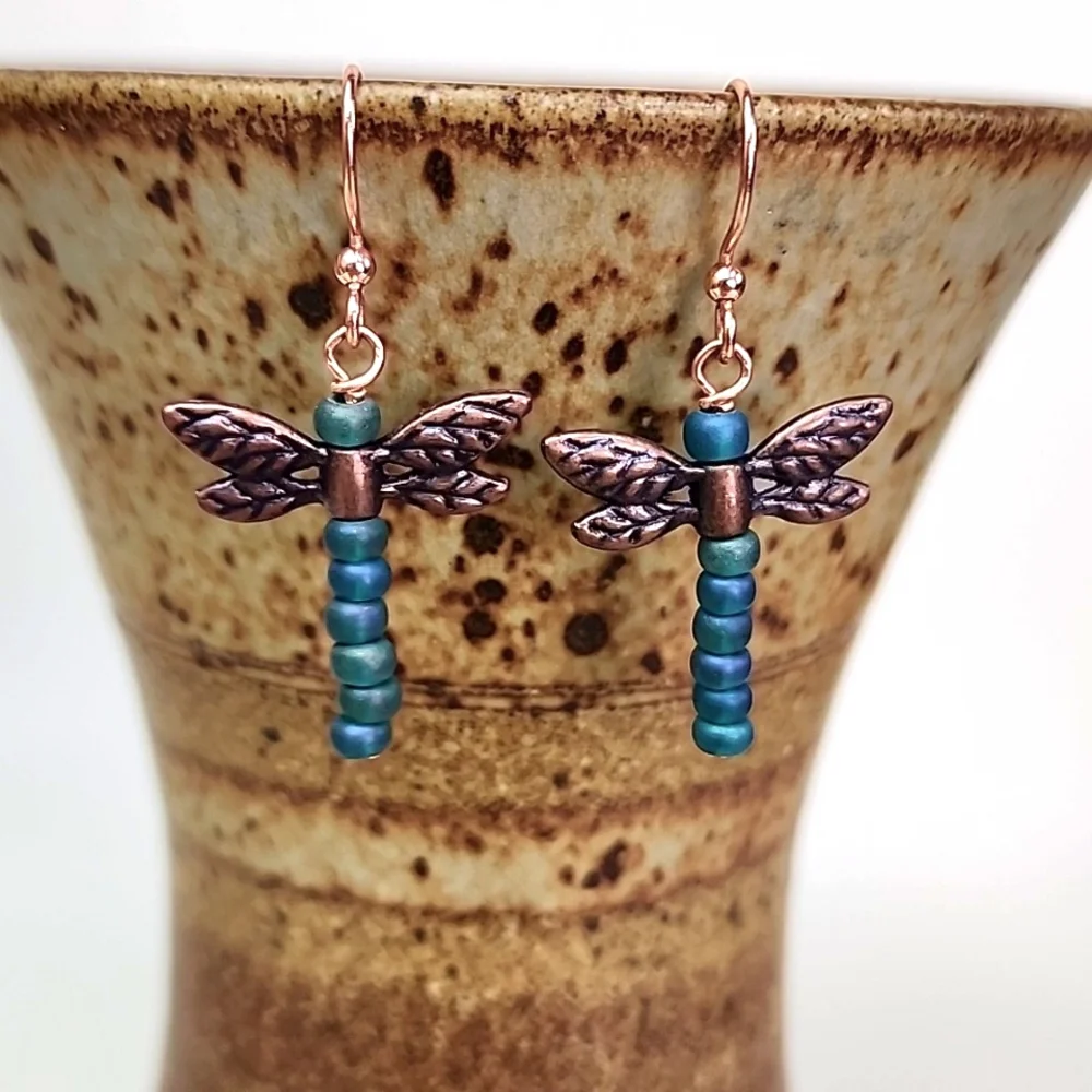 Copper & Iridescent Matte Green-Blue Dragonfly Dangle Earrings, Handmade - Picture 2 of 6
